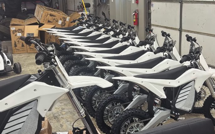 Fleet of ETM RTR Sport electric race bikes lined up